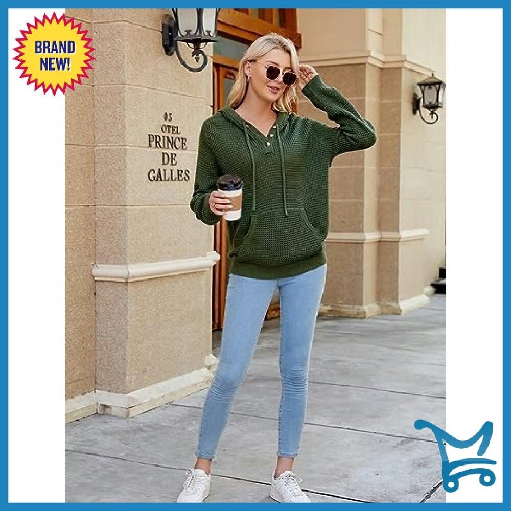 Oversized V-Neck Hoodie Sweater with Pockets, 100% Acrylic, Loose Fit - Picture 5 of 8